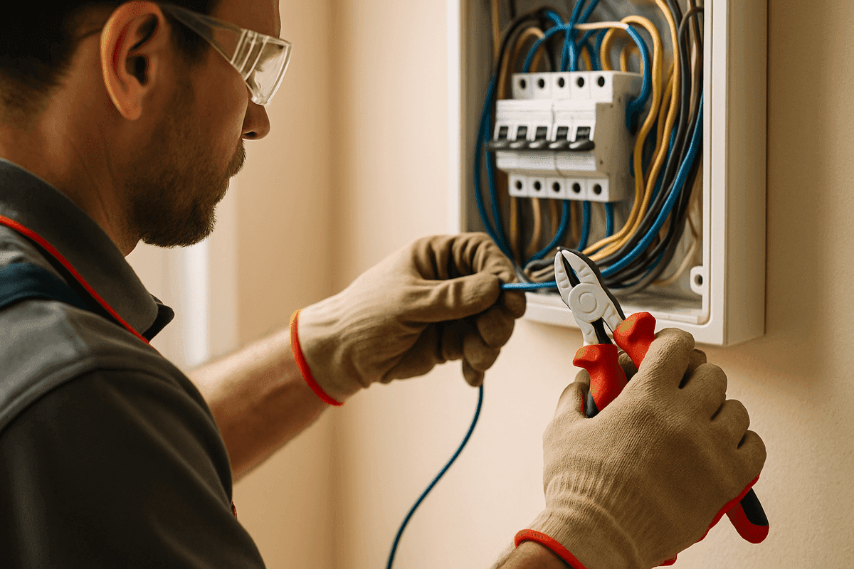 Close-up of electrician's gloved hands wiring residential electrical panel with red tools